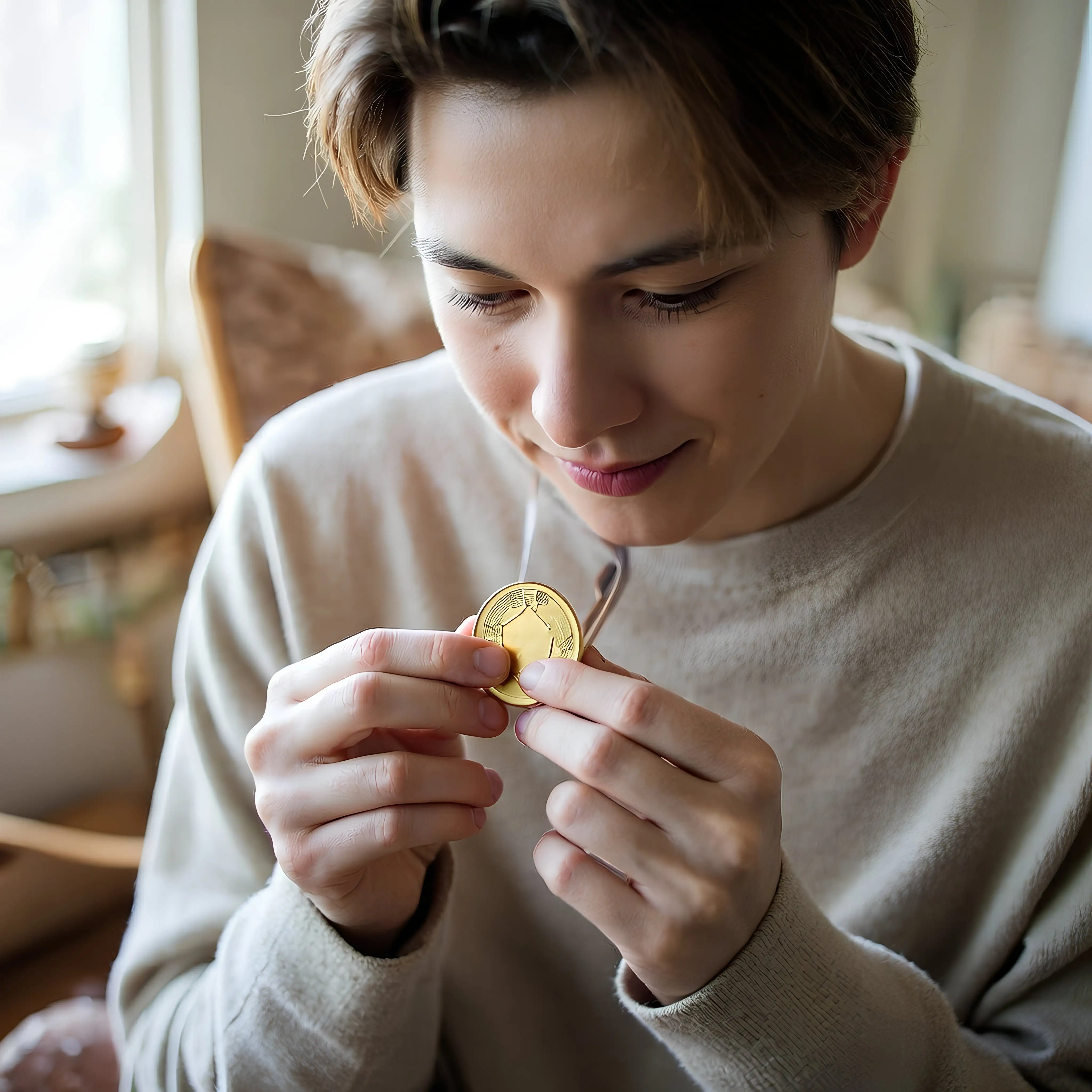Person betrachtet aufmerksam eine goldene Medaille in der Hand