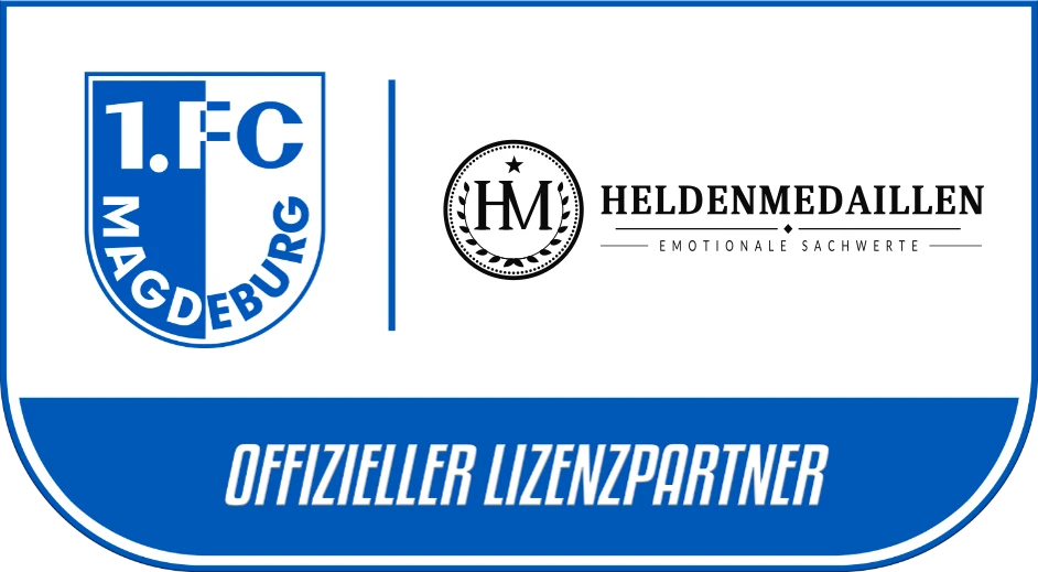 Lizenzlogo des 1. FC Magdeburg mit dem Zusatz „Offizieller Lizenzpartner“ und dem Logo von Heldenmedaillen