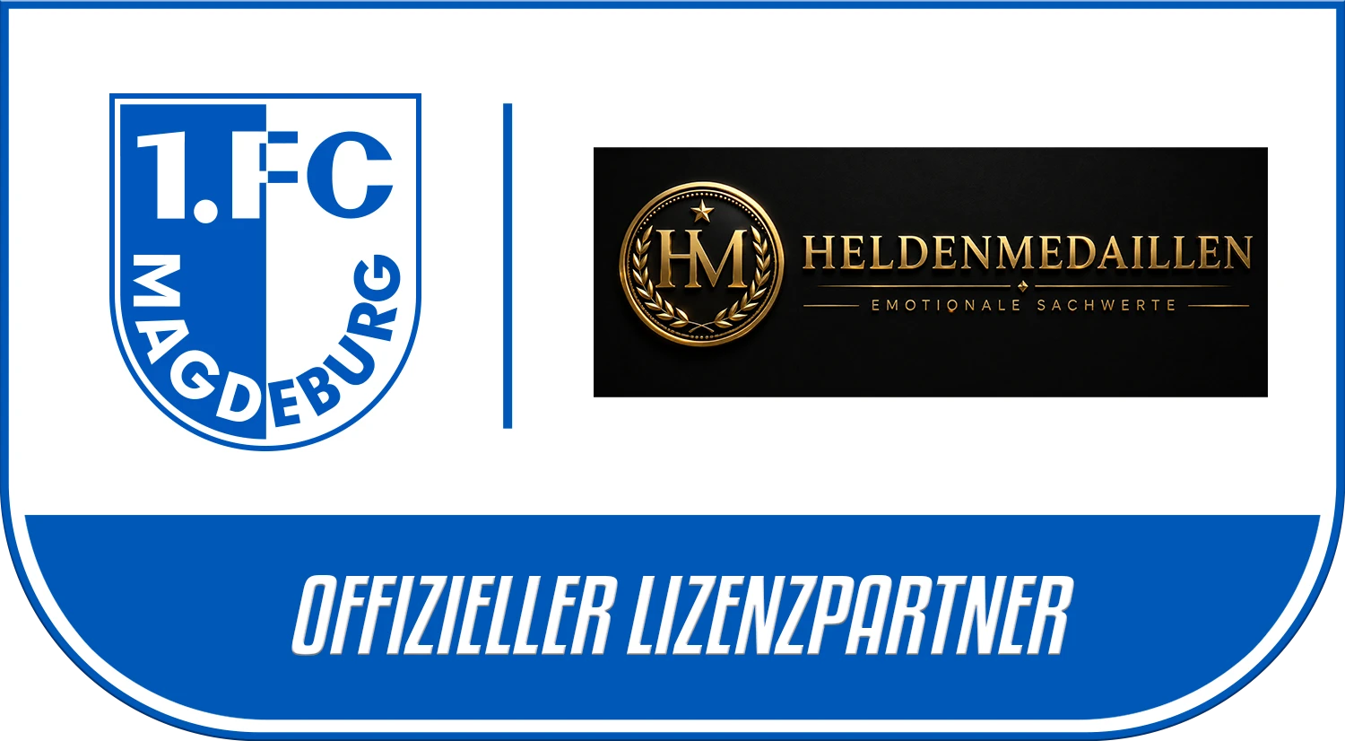 Lizenzlogo des 1. FC Magdeburg mit dem Zusatz „Offizieller Lizenzpartner“ und dem Logo von Heldenmedaillen