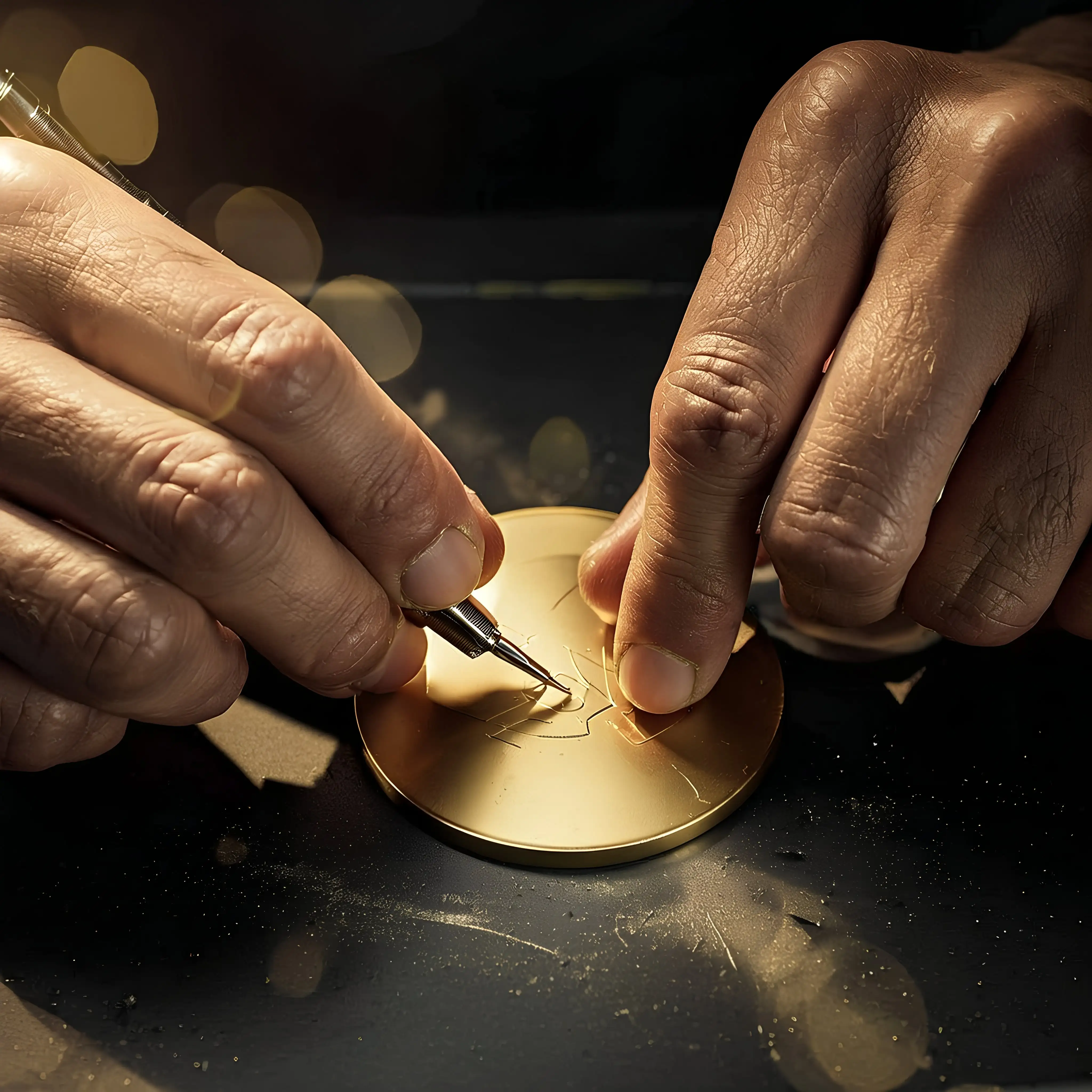Hand führt einen feinen Stichel über das Relief einer Medaille