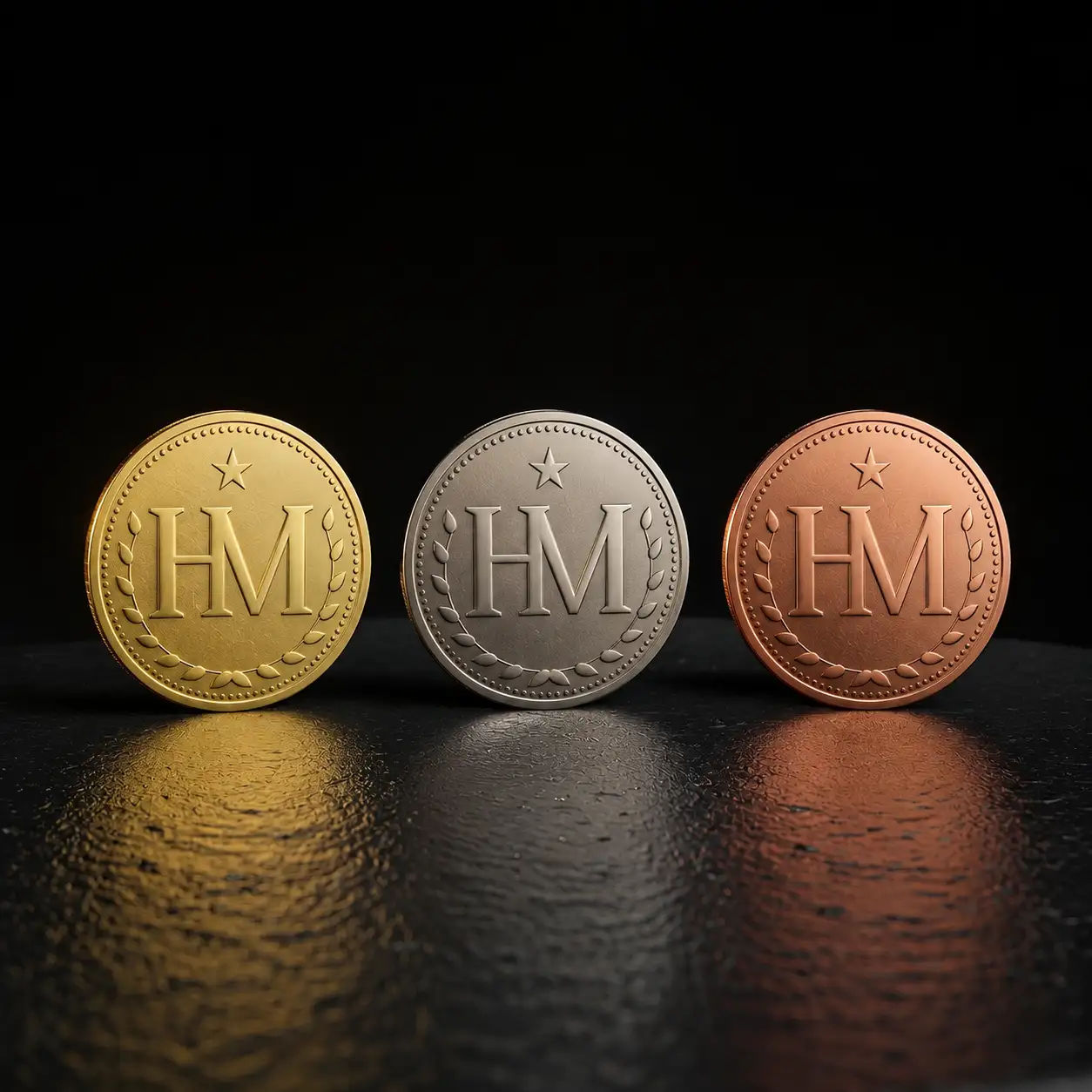 Drei geprägte Heldenmedaillen in Gold, Silber und Kupfer nebeneinander auf einer dunklen, spiegelnden Fläche, jede mit HM-Monogramm